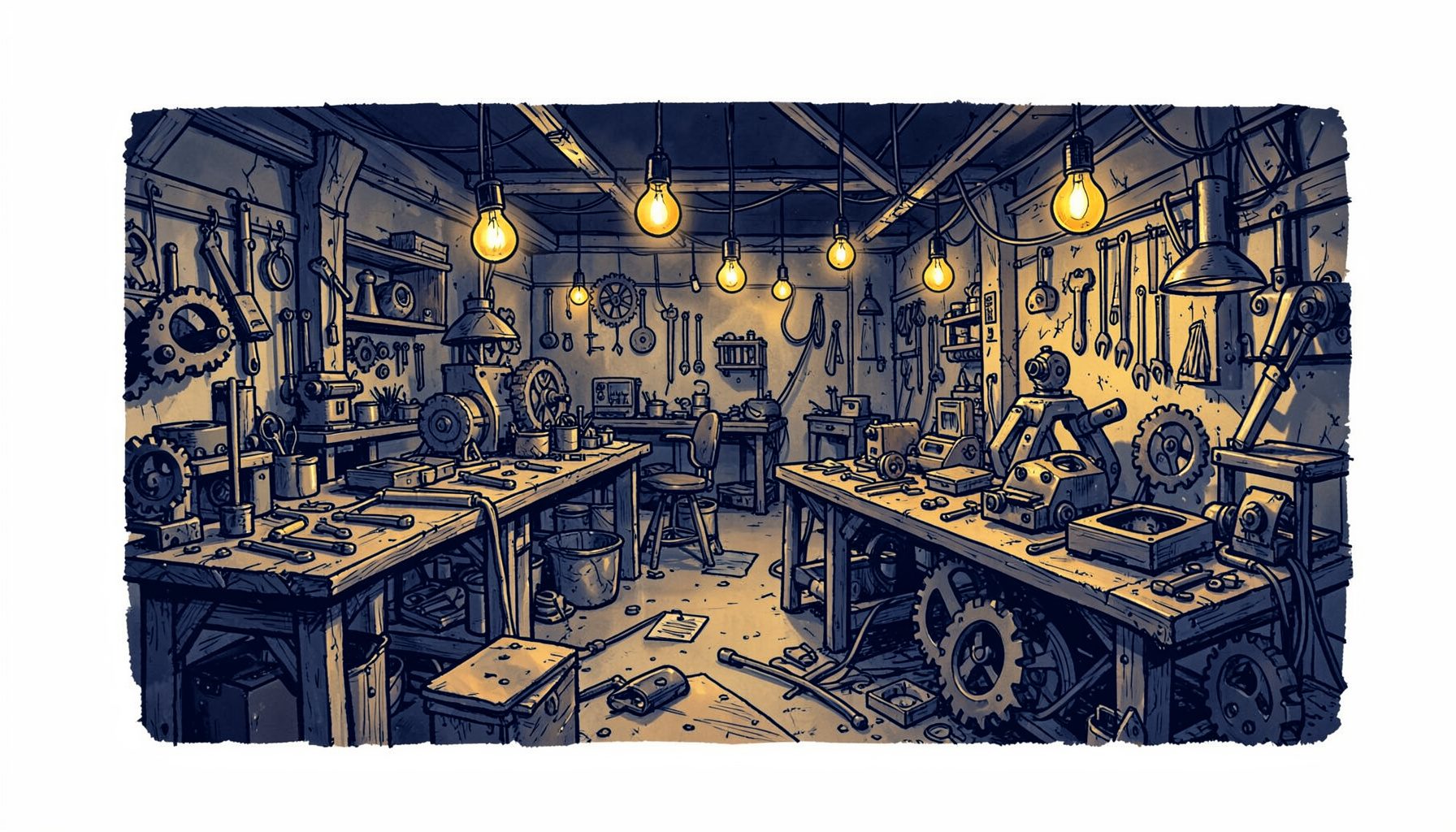 A hand-drawn ink illustration of a bustling maker workshop filled with workbenches, tools, gears, half-built contraptions, and glowing lightbulbs hanging from above, rendered in deep navy and warm amber tones against a dark background.