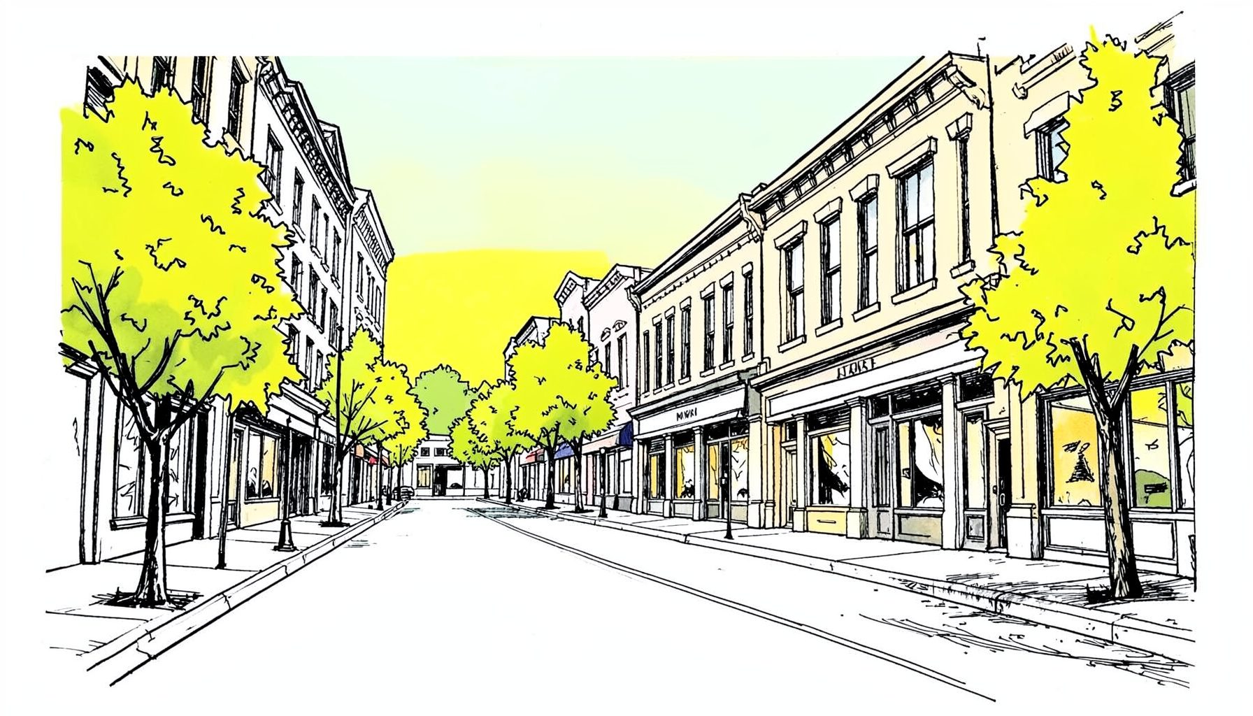 Hand-drawn ink illustration of a downtown Louisville streetscape with Museum Row buildings, wide sidewalks, and trees lining the street under a bright sky