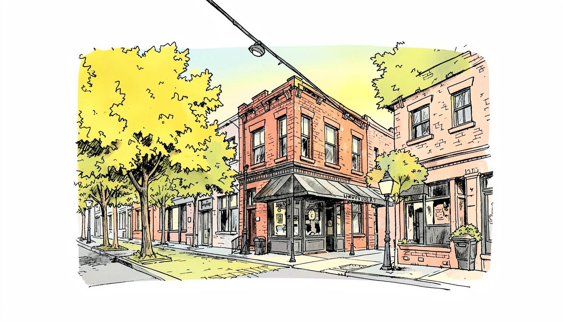 A hand-drawn ink illustration of a cozy downtown Louisville streetscape with brick buildings, a hotel awning, and tree-lined sidewalks under a soft evening sky