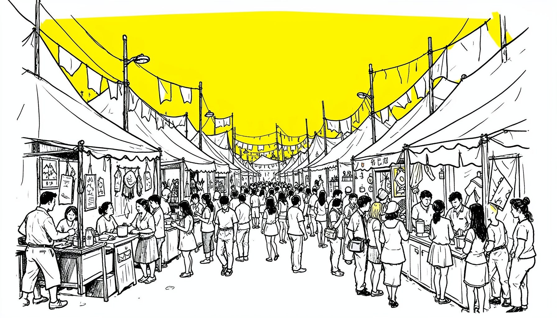 A hand-drawn ink illustration of a bustling festival street filled with tents, banners, and crowds of people exploring creative exhibits under a bright sky