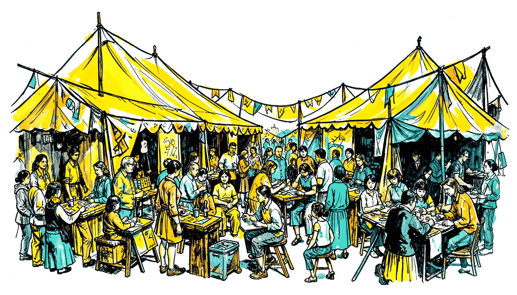 A hand-drawn ink illustration of a bustling community festival scene with tents, banners, and people gathered around creative projects, rendered in loose energetic strokes with warm yellow and teal accents against a dark background