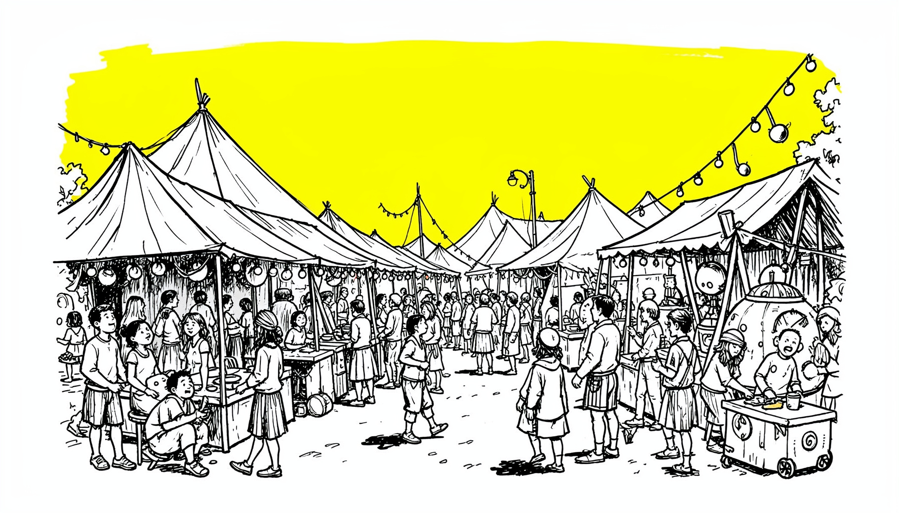 A hand-drawn ink illustration of a bustling outdoor festival scene with tents, curious visitors, and whimsical contraptions under a bright sky