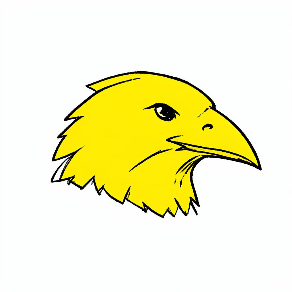 A hand-drawn ink illustration of a stylized bird head logo in bold black lines with bright yellow and magenta accents, set against a dark charcoal background, conveying speed and creative energy.