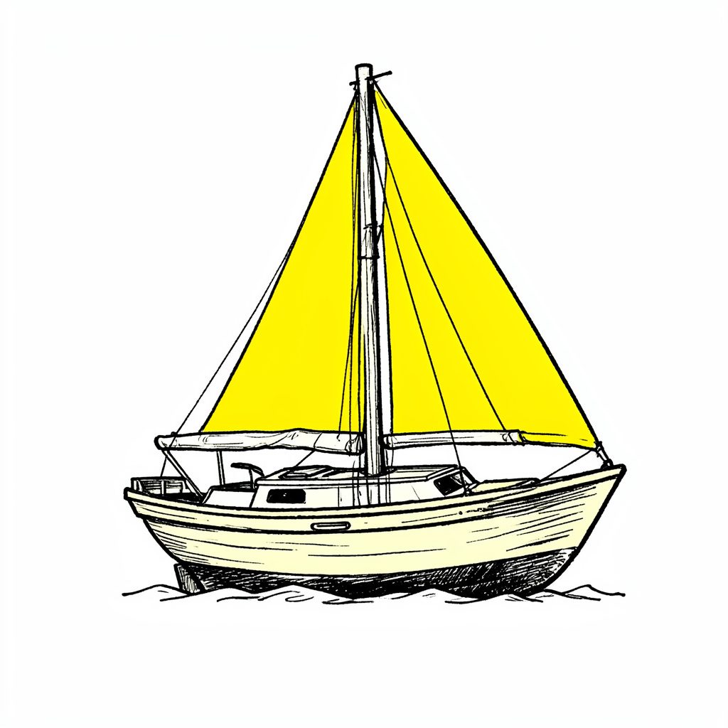 A hand-drawn ink sketch of a homemade sailboat with a bright red sail on calm blue water
