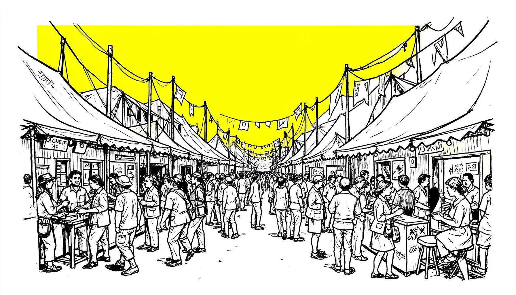 A hand-drawn ink illustration of a lively festival street scene with tents, banners, and crowds of people exploring creative exhibits under a bright sky